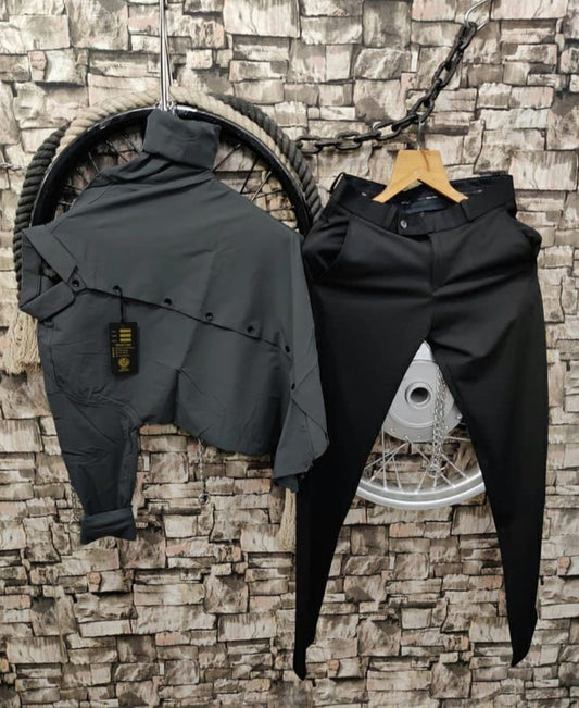 Lycra Shirt And Pant In Dark Gray And Black - Combo