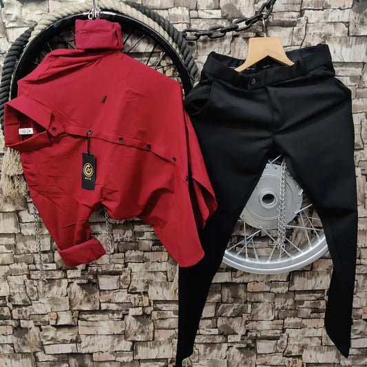 Lycra Shirt And Pant In Carmine Red And Black - Combo