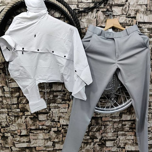 Lycra Shirt And Pant In White And Gray - Combo